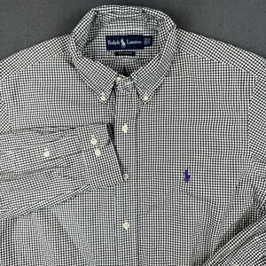 Ralph Lauren Shirt Men's Sz 16 1/2 Black Checker Custom Fit Button Purple Pony